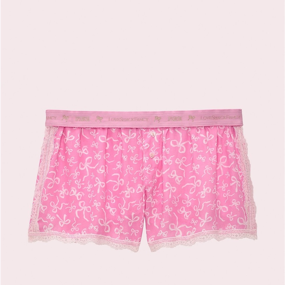 LoveShackFancy Pink Bow Lace Trim Shorts Boxers